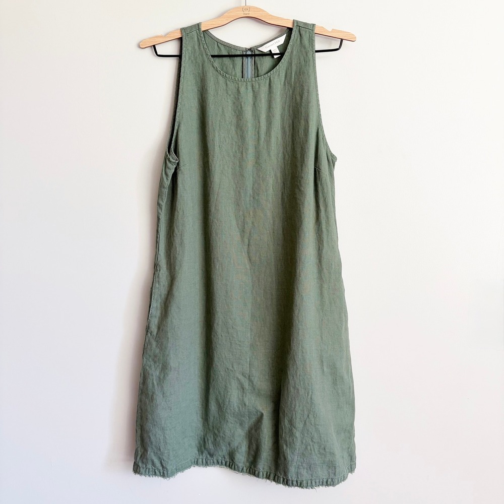 Garnet Hill Sage Green European Flax Linen Dress Size 10 Sleeveless Frayed Hem